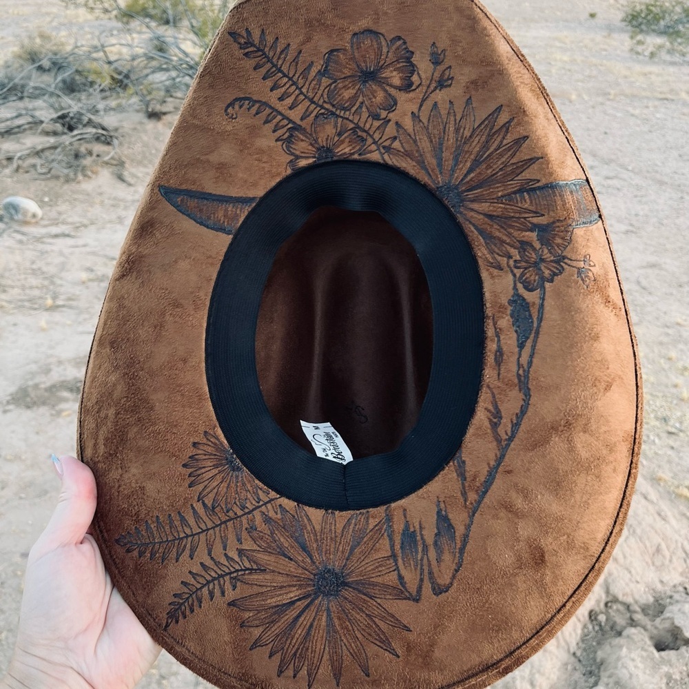 Brown hat with floral steer head design wide brim cowboy hat